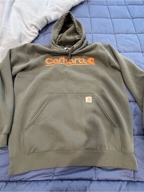 Carhartt Olive Green Hoodie with Bright Orange Logo Print